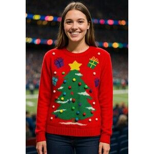 Christmas Tree Ugly Christmas Sweater Women’s Large Red 3D Pom Pom Lights Gifts
